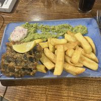 Not fish and chips, with battered tofu wrapped in seaweed, peas sauce and homemade tartar sauce   at Golden Cross in Coventry