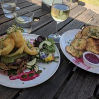 Big mama burger with side of sweet potato crisps at Green Vine Eatery in Cape Town