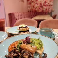 Vegan breakfast with vegan pancakes and oat milk coffee at Sweet Little Things in Bath