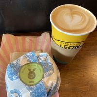 Vegan sausage muffin and oat latte at LHR - Leon - T2 in West London