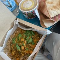 Lentil masala, hummus, flat bread    at LHR - Leon - T2 in West London