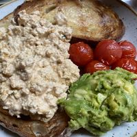 Scrambled tofu, smashed avo on sourdough (vegan). at Trading Post Coffee Roasters in Lewes