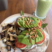 Full vegan toast with extra mushrooms (extra fee) + Green smoothie  at Casa Bonita in Cat Ba
