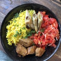 Turmeric rice, samosas & seitan sausage  at Kia Ora in Annecy