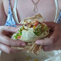 Burrito with roast veggies, Spanish rice, corn at Oahu Mexican Grill in Honolulu