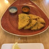 Battered Aubergine starter (2 slices eaten)  at Kayal in Leamington Spa