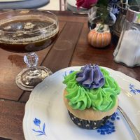 Vegan peanut butter jelly filled cupcake and an iced coffee   at Cookie Jar Cafe in Essen