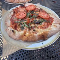 Vegan Margherita Pizza (with unwanted tomatoes from my mom's salad, haha!)  at The Mitten Brewing Company in Saugatuck