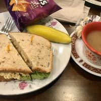 Toona salad sandwich. Soup of the day barley & lentil at 96 Lives Vegan Bakery and Cafe in Lancaster