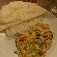 Penang curry, rice and poppadom at The Buck Hotel in Reeth