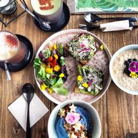 Avocado sandwich, blue eyed girl, grind oats, spiced latte, cappuccino at Hustle n' Flow Eatery in San Pedro De Alcantara