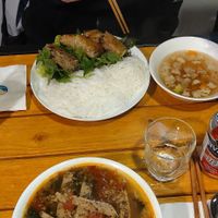 Spring rolls with noodles, and fake crab noodle soup. at Tam An Lac - Hoan Kiem in Hanoi