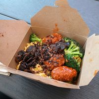 Not Yo Mama's with mushrooms and fritters at Flourish Plant-Based Kitchen - Food Truck in Portland