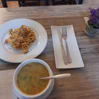 Caldo andino y arepa de tofu como opción de desayuno. Muy buen sabor y excelente atención. at Verde Vital in Bogota