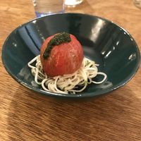Appetizer, tomato on pasta with pesto on top.  at Hobodo Cafe in Kyoto