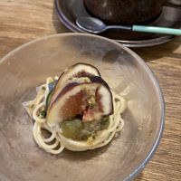 Fig and eggplant? With noodles   at Hobodo Cafe in Kyoto