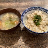 Miso soup with tofu and vegetables and rice at Hobodo Cafe in Kyoto