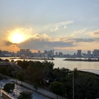 Sunset view from our seats at Cafe La Boheme - Odaiba in Tokyo