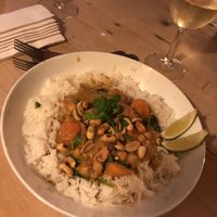Sweet potato,  Peanut, chickpea and spinach stew with rice. This was a really fresh delicious dish!! Good  portion sizes and great flavour. at The Swan Inn in Lyndhurst