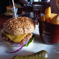 Chickpea burger with chunky chips at The Royal Oak in Orpington