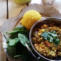 Dhal of the day with sunshine rice and dressed spinach. Delicious! at The Journey in Newcastle Upon Tyne