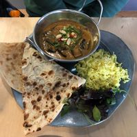 Goan curry with coconut, peanut, tamarind, aubergine and green beans, served with rice and flatbread  at The Journey in Newcastle Upon Tyne