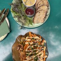 Kimchi sweet potato fries and mushroom pate (both amazing)  at Eden Bistro in Warsaw