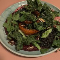 Salad with pumpkin and lentils with beet pureee  at Eden Bistro in Warsaw