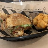 DIY Vegan Grill Cheese with guacamole, vegan cheese, garlic pickles, and awesome tots.  at The Grilled Cheeserie in Nashville