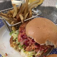 Veggie burger altered to be vegan 🌱 Wheat beer 🍺   at Farmers Fishers Bakers in Washington