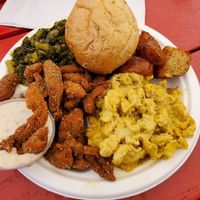 Mac, chicken, greens... so good! at Vegelicious in Nashville