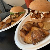 “Not” Bacon Cheese Burger and Hot Fried Chicken Sandwich. Both incredible ! at Vegelicious in Nashville