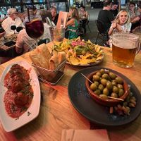Mama Mia meatballs, nachos and olives. Sangria and beer.  at Amarre 69 in Barcelona