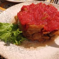 Fried aubergine and tomato salad (cold) at Old Bukhara Restaurant in Bukhara