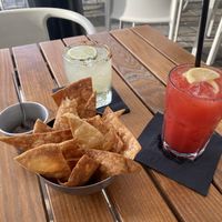 Amazing cocktail menu (we got a jalapeño margarita and a strawberry lemonade) with free tortilla chips, (they get their tortillas from a local bakery) with a black bean salsa :) at Toro Latin GastroBar in Belgrade