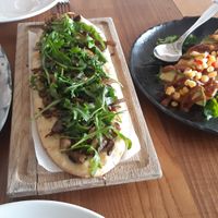 Beetroot salad, mushrooms flatbread, tomatoes-avocado salad (on the veggie menu but made vegan) at Toro Latin GastroBar in Belgrade