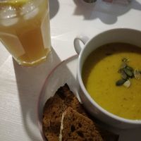 Lentil soup and homemade lemonade. Must try! at Hi Mir Vegan Cafe in Nizhny Novgorod
