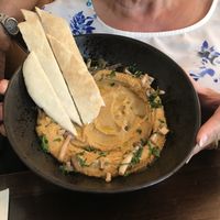 Hummus, mushrooms and pita plate for starters at Burgers and Fish in Padstow