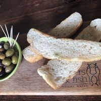Focaccia and Olives at Burgers and Fish in Padstow