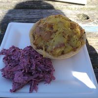 Homity pie and coleslaw. Actually larger than it looks. 🌱💚 at Peak Feast in Bakewell