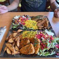 Steak platter (top) and fish platter (bottom)  at Juste Falafel in Montreal