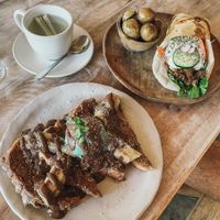 Lemongrass tea, special jackfruit gyros, and special french toast with spirulina nicecream! All amazing! at Musa Cookery in 