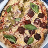 half v chicken, half v chorizo  at Manso Pizzeria in Barcelona