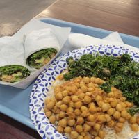 The Chickpea Chata Masala with coconut rice & Kale Salad. And a Chickpea Tuna Wrap at Vegan Flava Cafe in Chapel Hill