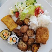 soy meat, polenta, potatoes, rice, sushi, salad at 827 Speciality Kitchen - Kalvin in Budapest