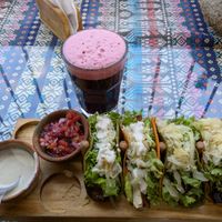 Teriyaki Tempe tacos and hibiscus chia.😋🤤 at Wachuma in Antigua