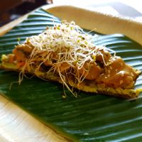 Kraut Cracker with mushrooms, peanut sauce, sprouts, etc. at Wachuma in Antigua