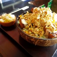 MY FAVORITE: Quinoa + Basmati Rice, Sweet Potato, Kale, Tempeh, Cashews, Tahini and Kraut.
 at Wachuma in Antigua