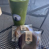 Chocolate donut, banana donut, and iced Sea Salt Oat Milk Matcha Latte  at RING Donuts in Canoga Park