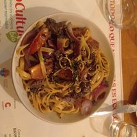 Tallarín criollo. Yummy! at Los Andenes Vegan in Madrid